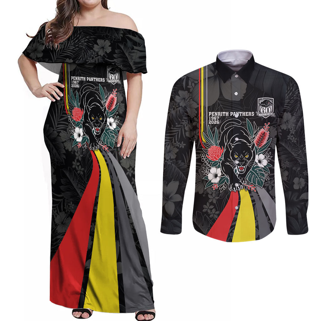 Penrith Panthers 60th Anniversary Custom Couples Matching Off Shoulder Maxi Dress and Long Sleeve Button Shirt Native Australian Protea And Hibiscus Tropical Floral