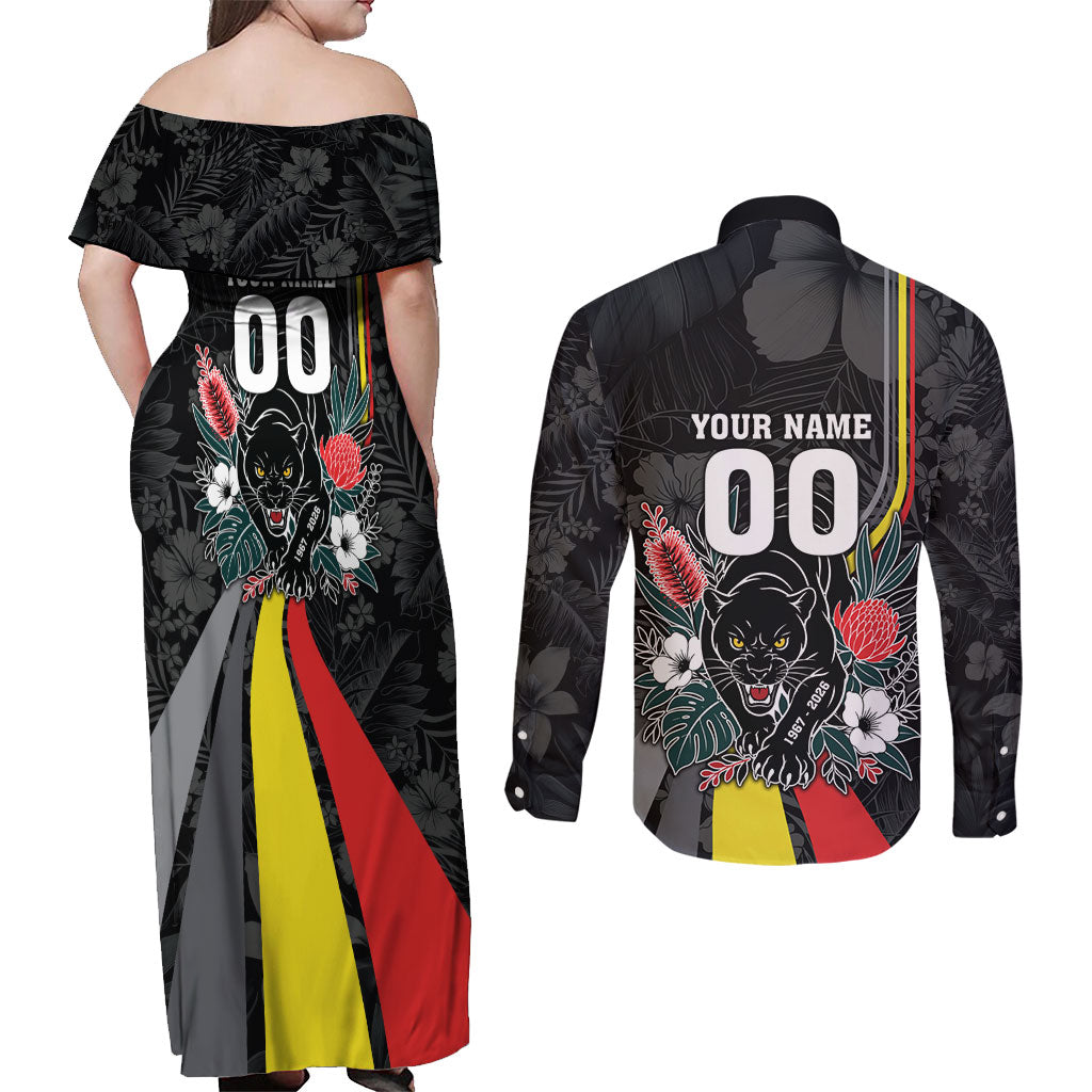 Penrith Panthers 60th Anniversary Custom Couples Matching Off Shoulder Maxi Dress and Long Sleeve Button Shirt Native Australian Protea And Hibiscus Tropical Floral