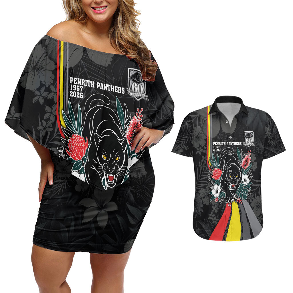Penrith Panthers 60th Anniversary Custom Couples Matching Off Shoulder Short Dress and Hawaiian Shirt Native Australian Protea And Hibiscus Tropical Floral