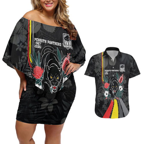 Penrith Panthers 60th Anniversary Custom Couples Matching Off Shoulder Short Dress and Hawaiian Shirt Native Australian Protea And Hibiscus Tropical Floral