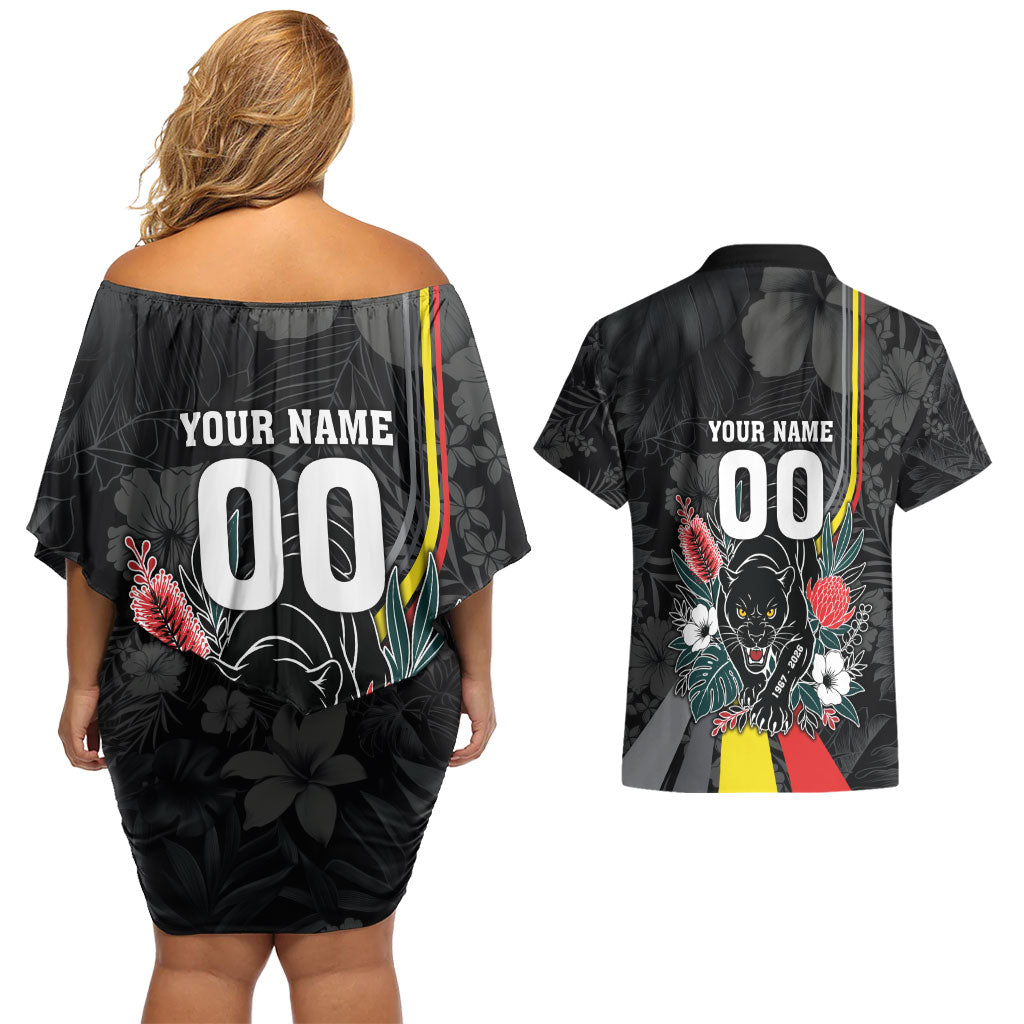 Penrith Panthers 60th Anniversary Custom Couples Matching Off Shoulder Short Dress and Hawaiian Shirt Native Australian Protea And Hibiscus Tropical Floral