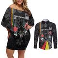 Penrith Panthers 60th Anniversary Custom Couples Matching Off Shoulder Short Dress and Long Sleeve Button Shirt Native Australian Protea And Hibiscus Tropical Floral