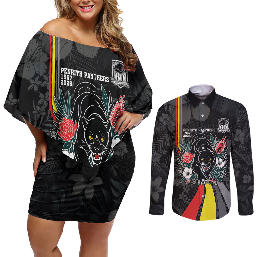 Penrith Panthers 60th Anniversary Custom Couples Matching Off Shoulder Short Dress and Long Sleeve Button Shirt Native Australian Protea And Hibiscus Tropical Floral