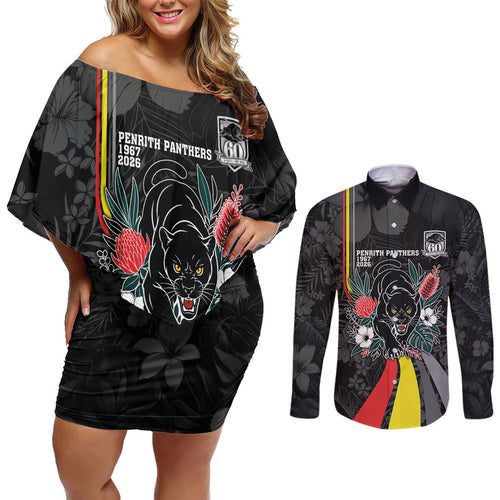 Penrith Panthers 60th Anniversary Custom Couples Matching Off Shoulder Short Dress and Long Sleeve Button Shirt Native Australian Protea And Hibiscus Tropical Floral