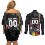 Penrith Panthers 60th Anniversary Custom Couples Matching Off Shoulder Short Dress and Long Sleeve Button Shirt Native Australian Protea And Hibiscus Tropical Floral
