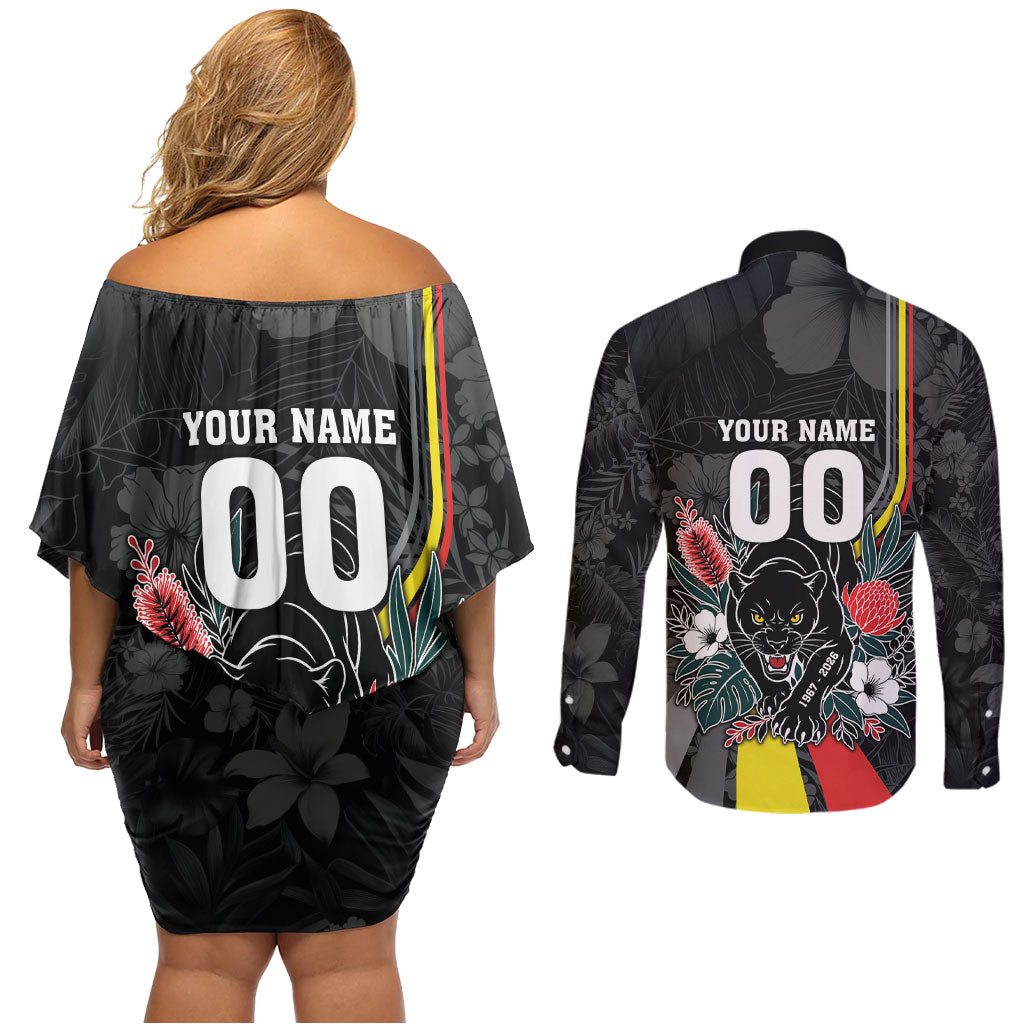 Penrith Panthers 60th Anniversary Custom Couples Matching Off Shoulder Short Dress and Long Sleeve Button Shirt Native Australian Protea And Hibiscus Tropical Floral