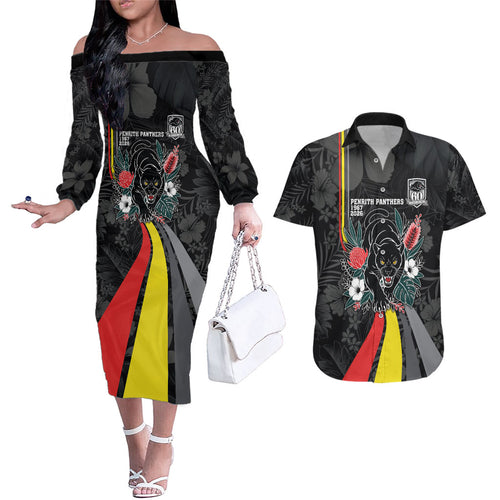 Penrith Panthers 60th Anniversary Custom Couples Matching Off The Shoulder Long Sleeve Dress and Hawaiian Shirt Native Australian Protea And Hibiscus Tropical Floral