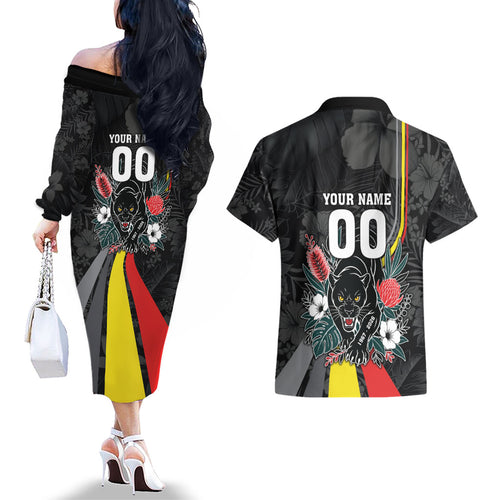 Penrith Panthers 60th Anniversary Custom Couples Matching Off The Shoulder Long Sleeve Dress and Hawaiian Shirt Native Australian Protea And Hibiscus Tropical Floral