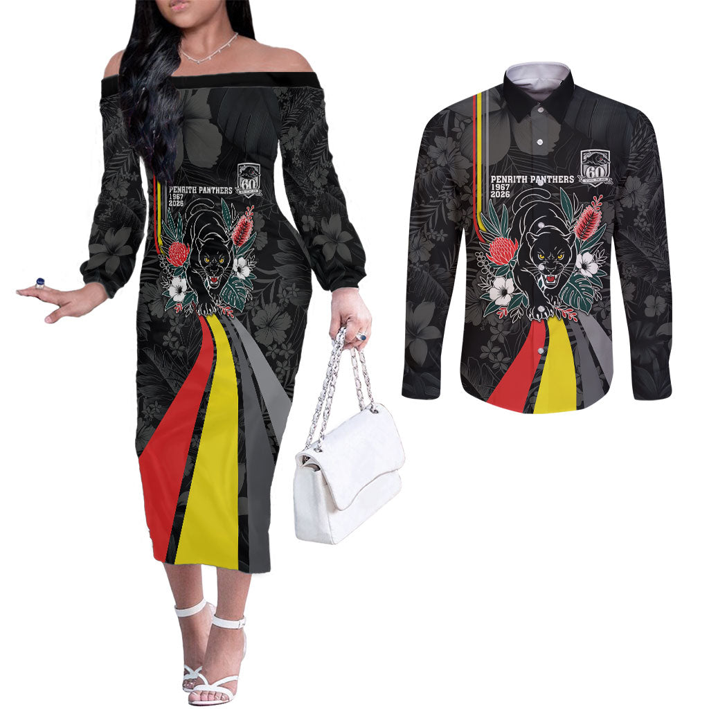 Penrith Panthers 60th Anniversary Custom Couples Matching Off The Shoulder Long Sleeve Dress and Long Sleeve Button Shirt Native Australian Protea And Hibiscus Tropical Floral