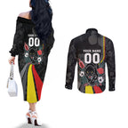 Penrith Panthers 60th Anniversary Custom Couples Matching Off The Shoulder Long Sleeve Dress and Long Sleeve Button Shirt Native Australian Protea And Hibiscus Tropical Floral