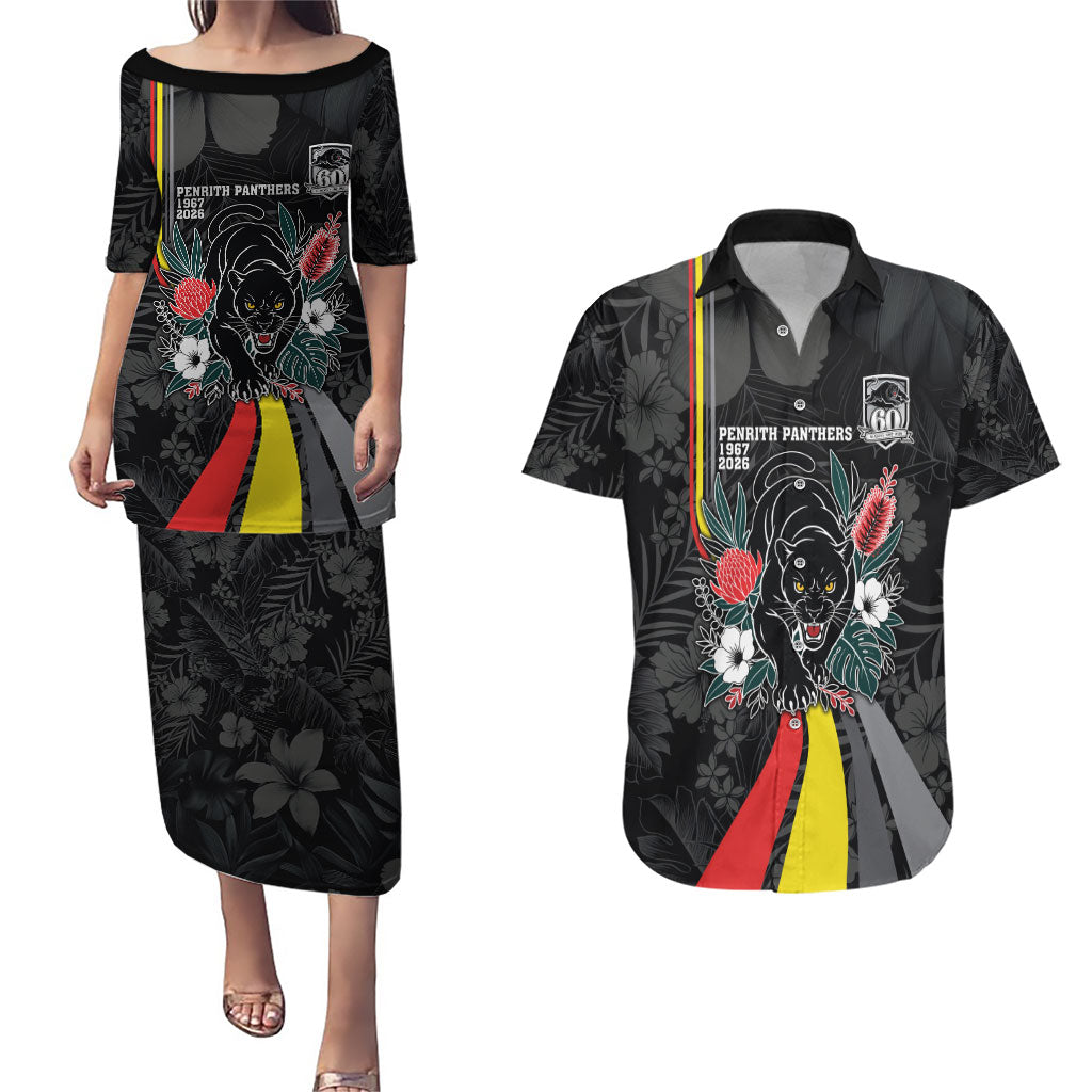 Penrith Panthers 60th Anniversary Custom Couples Matching Puletasi and Hawaiian Shirt Native Australian Protea And Hibiscus Tropical Floral