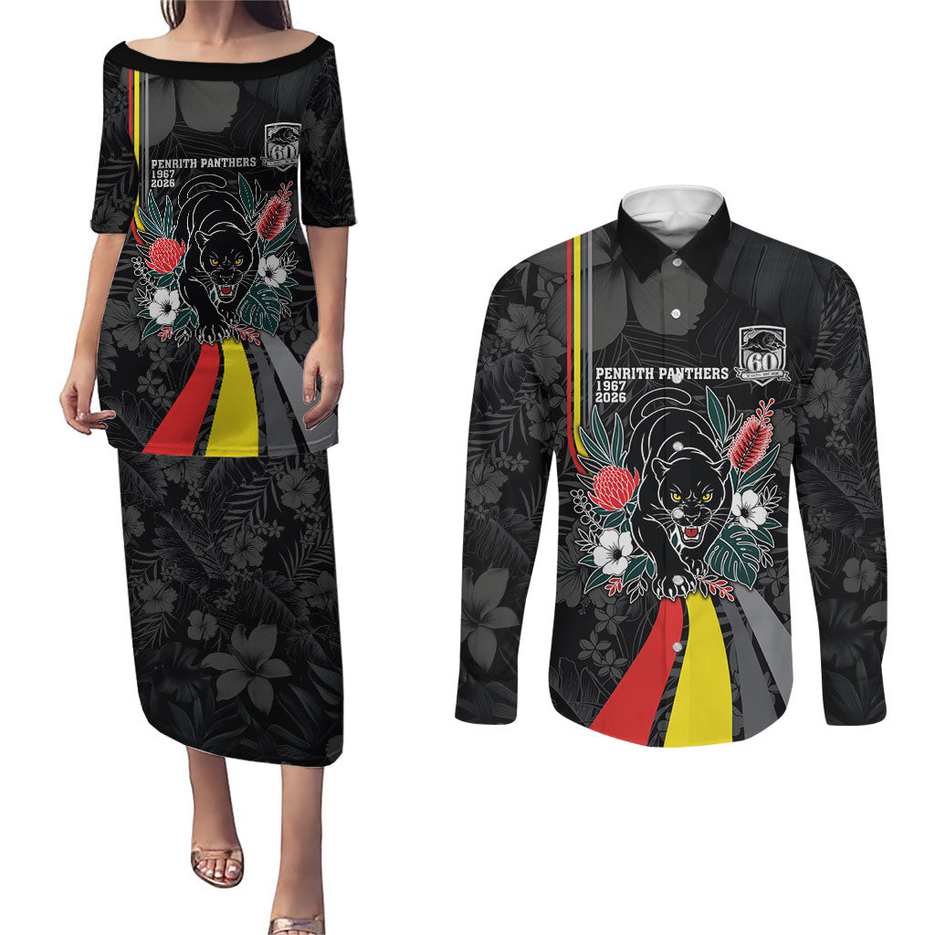 Penrith Panthers 60th Anniversary Custom Couples Matching Puletasi and Long Sleeve Button Shirt Native Australian Protea And Hibiscus Tropical Floral