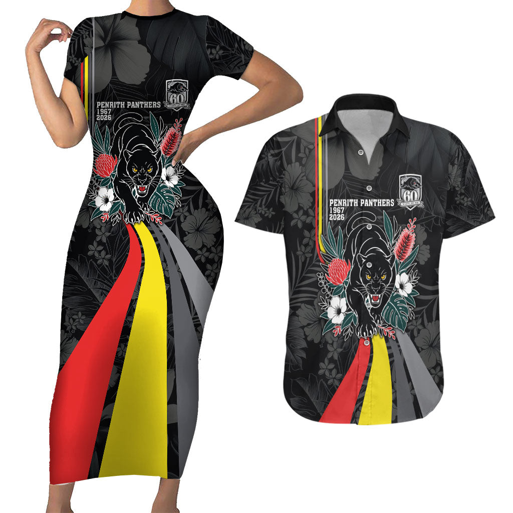 Penrith Panthers 60th Anniversary Custom Couples Matching Short Sleeve Bodycon Dress and Hawaiian Shirt Native Australian Protea And Hibiscus Tropical Floral