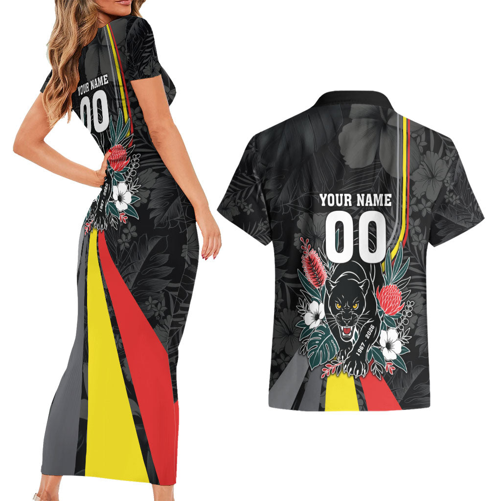 Penrith Panthers 60th Anniversary Custom Couples Matching Short Sleeve Bodycon Dress and Hawaiian Shirt Native Australian Protea And Hibiscus Tropical Floral