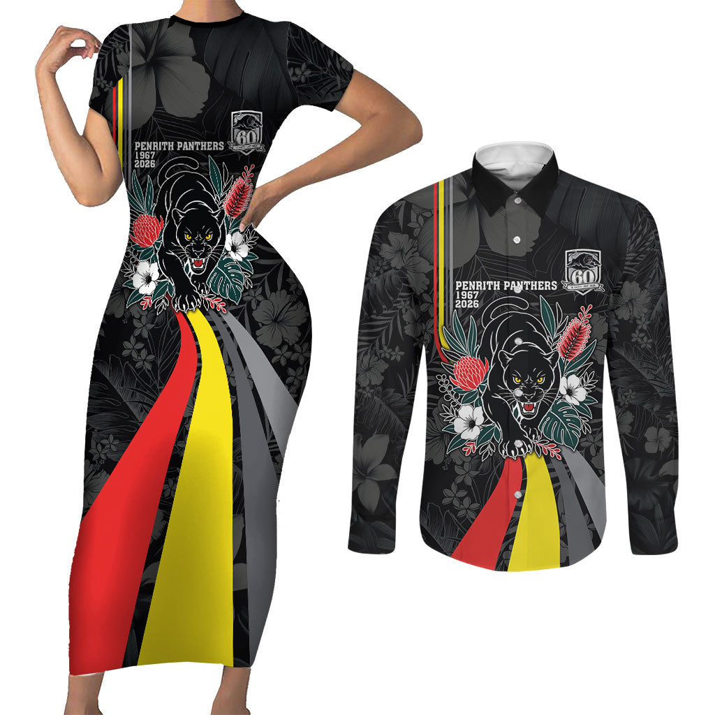 Penrith Panthers 60th Anniversary Custom Couples Matching Short Sleeve Bodycon Dress and Long Sleeve Button Shirt Native Australian Protea And Hibiscus Tropical Floral