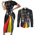 Penrith Panthers 60th Anniversary Custom Couples Matching Short Sleeve Bodycon Dress and Long Sleeve Button Shirt Native Australian Protea And Hibiscus Tropical Floral