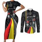 Penrith Panthers 60th Anniversary Custom Couples Matching Short Sleeve Bodycon Dress and Long Sleeve Button Shirt Native Australian Protea And Hibiscus Tropical Floral