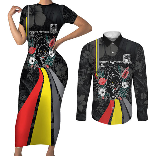 Penrith Panthers 60th Anniversary Custom Couples Matching Short Sleeve Bodycon Dress and Long Sleeve Button Shirt Native Australian Protea And Hibiscus Tropical Floral