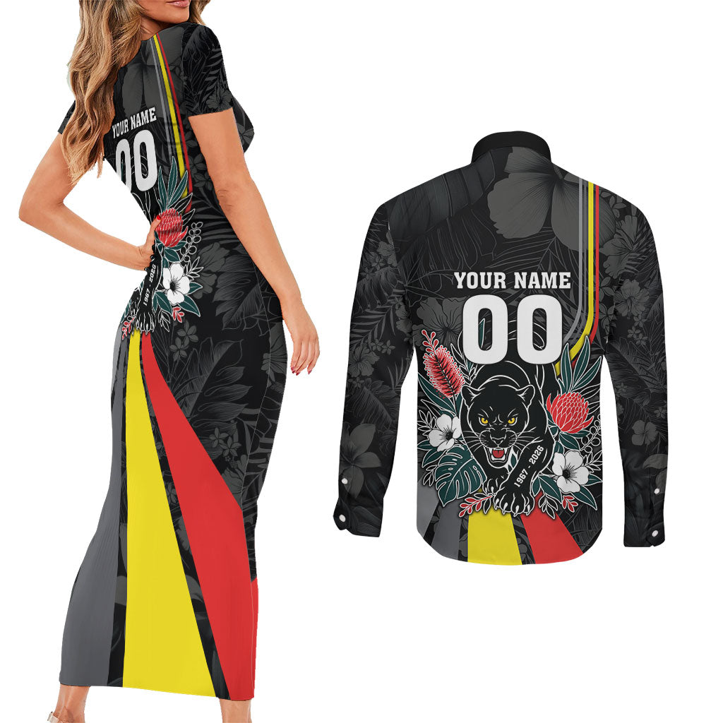 Penrith Panthers 60th Anniversary Custom Couples Matching Short Sleeve Bodycon Dress and Long Sleeve Button Shirt Native Australian Protea And Hibiscus Tropical Floral