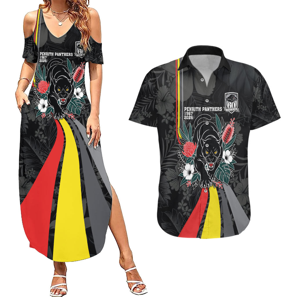Penrith Panthers 60th Anniversary Custom Couples Matching Summer Maxi Dress and Hawaiian Shirt Native Australian Protea And Hibiscus Tropical Floral