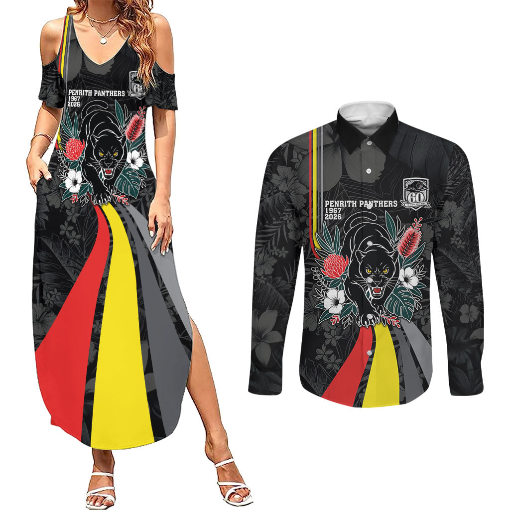 Penrith Panthers 60th Anniversary Custom Couples Matching Summer Maxi Dress and Long Sleeve Button Shirt Native Australian Protea And Hibiscus Tropical Floral