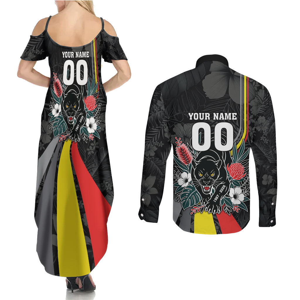 Penrith Panthers 60th Anniversary Custom Couples Matching Summer Maxi Dress and Long Sleeve Button Shirt Native Australian Protea And Hibiscus Tropical Floral