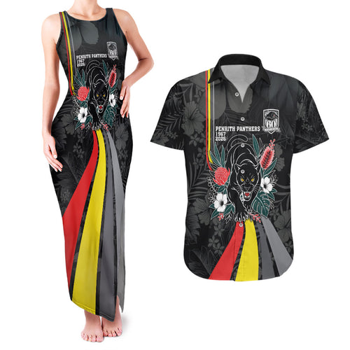 Penrith Panthers 60th Anniversary Custom Couples Matching Tank Maxi Dress and Hawaiian Shirt Native Australian Protea And Hibiscus Tropical Floral