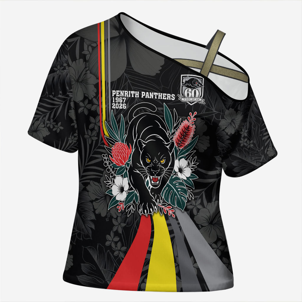 Penrith Panthers 60th Anniversary Custom Cross Shoulder Shirt Native Australian Protea And Hibiscus Tropical Floral