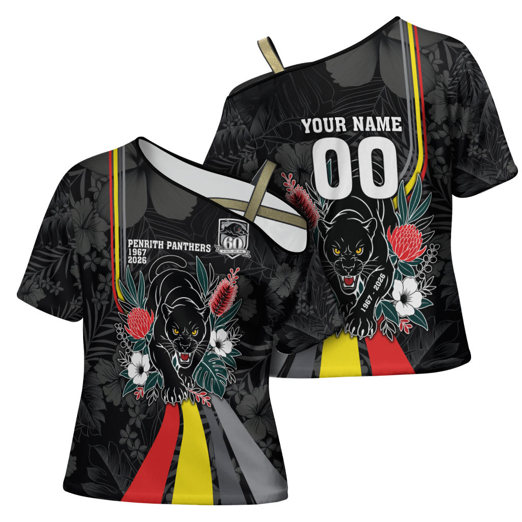 Penrith Panthers 60th Anniversary Custom Cross Shoulder Shirt Native Australian Protea And Hibiscus Tropical Floral