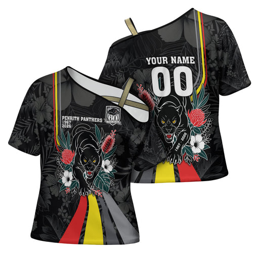 Penrith Panthers 60th Anniversary Custom Cross Shoulder Shirt Native Australian Protea And Hibiscus Tropical Floral
