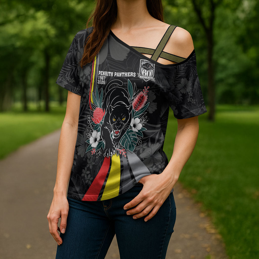 Penrith Panthers 60th Anniversary Custom Cross Shoulder Shirt Native Australian Protea And Hibiscus Tropical Floral