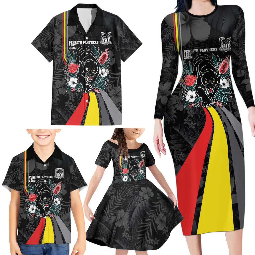 Penrith Panthers 60th Anniversary Custom Family Matching Long Sleeve Bodycon Dress and Hawaiian Shirt Native Australian Protea And Hibiscus Tropical Floral
