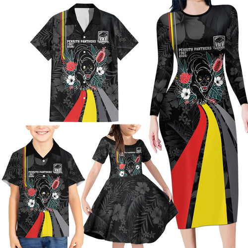 Penrith Panthers 60th Anniversary Custom Family Matching Long Sleeve Bodycon Dress and Hawaiian Shirt Native Australian Protea And Hibiscus Tropical Floral