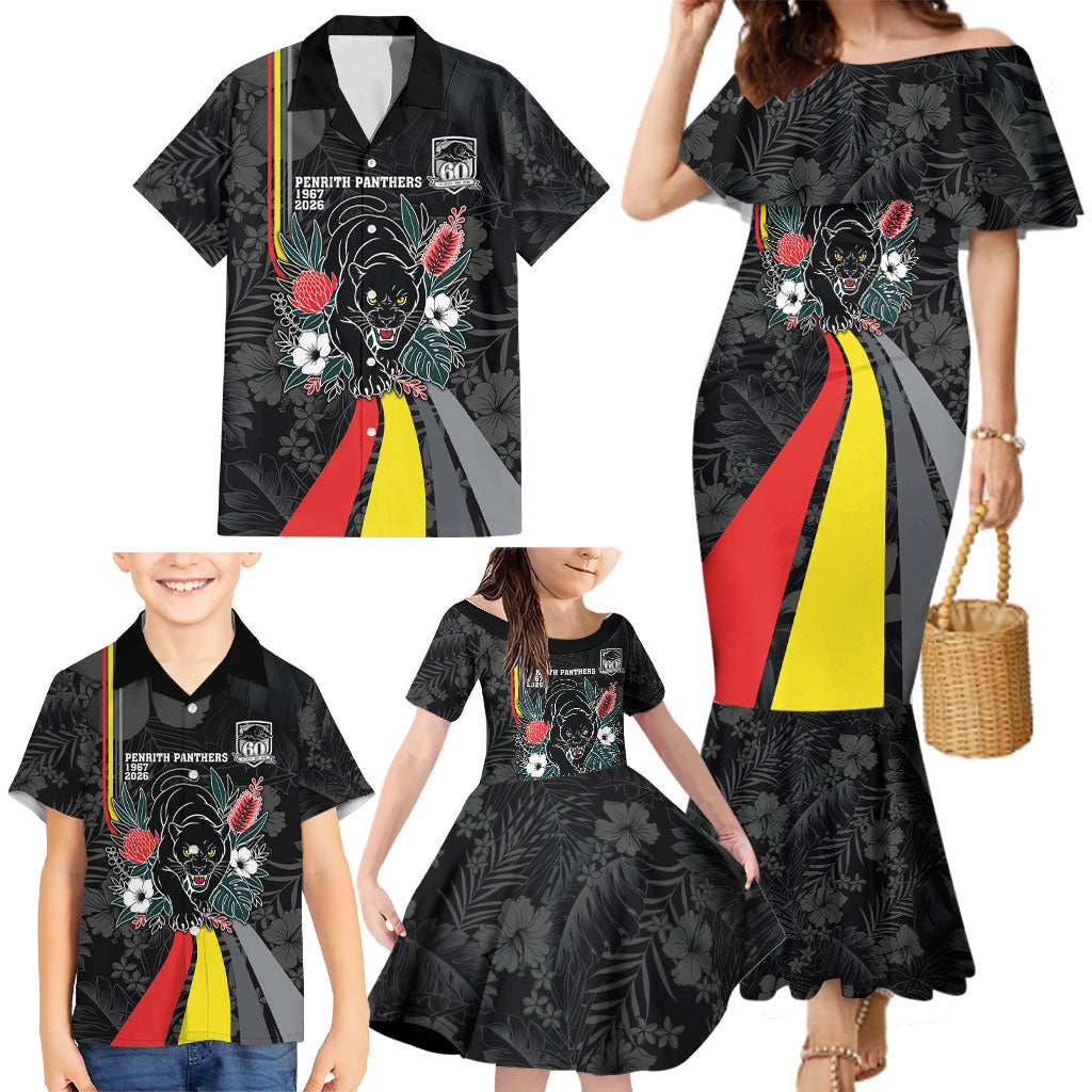 Penrith Panthers 60th Anniversary Custom Family Matching Mermaid Dress and Hawaiian Shirt Native Australian Protea And Hibiscus Tropical Floral