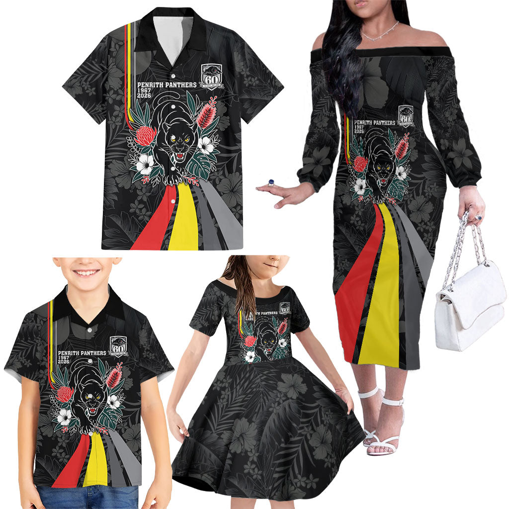 Penrith Panthers 60th Anniversary Custom Family Matching Off The Shoulder Long Sleeve Dress and Hawaiian Shirt Native Australian Protea And Hibiscus Tropical Floral