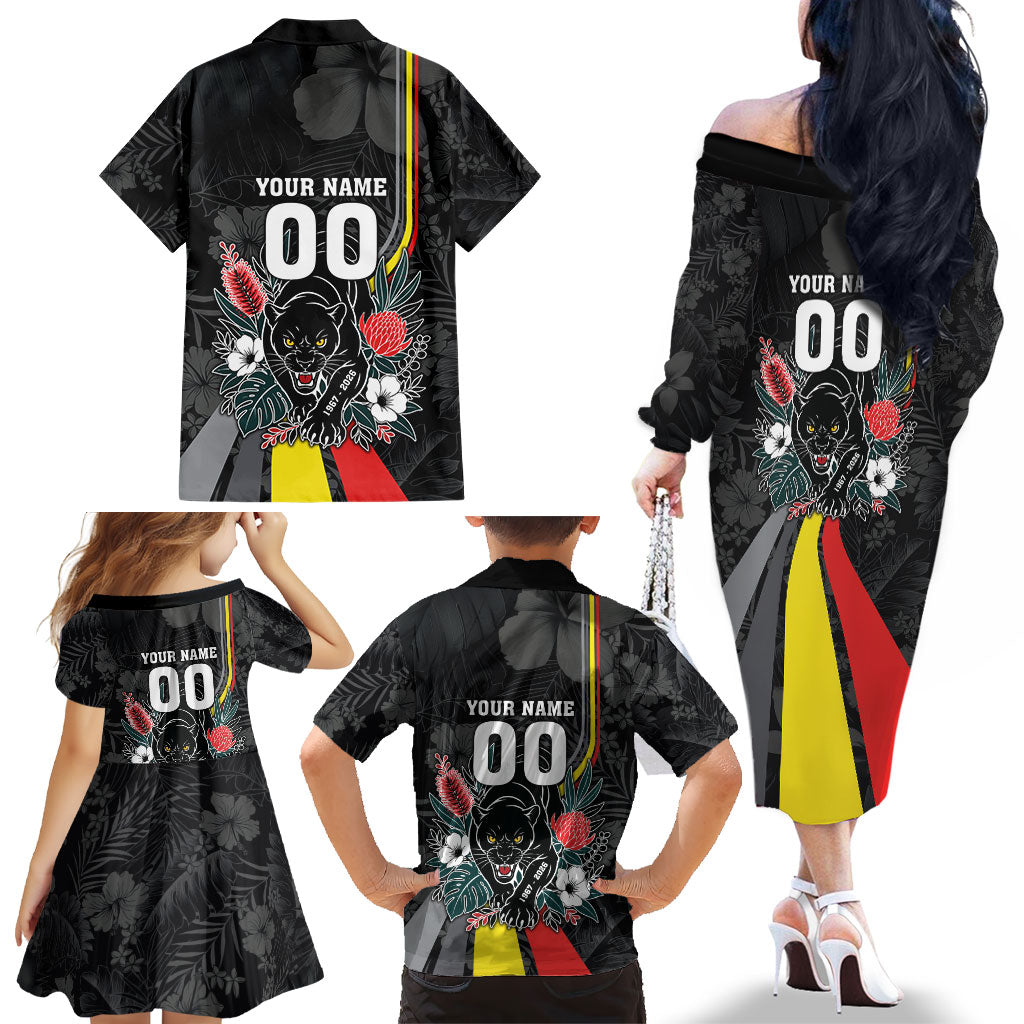 Penrith Panthers 60th Anniversary Custom Family Matching Off The Shoulder Long Sleeve Dress and Hawaiian Shirt Native Australian Protea And Hibiscus Tropical Floral