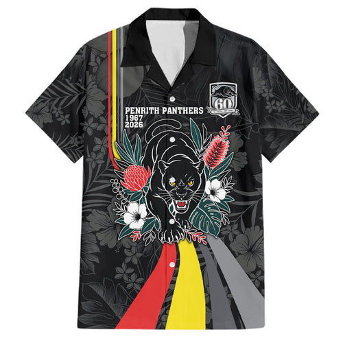 Penrith Panthers 60th Anniversary Custom Family Matching Off The Shoulder Long Sleeve Dress and Hawaiian Shirt Native Australian Protea And Hibiscus Tropical Floral