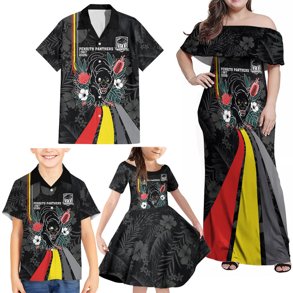 Penrith Panthers 60th Anniversary Custom Family Matching Off Shoulder Maxi Dress and Hawaiian Shirt Native Australian Protea And Hibiscus Tropical Floral