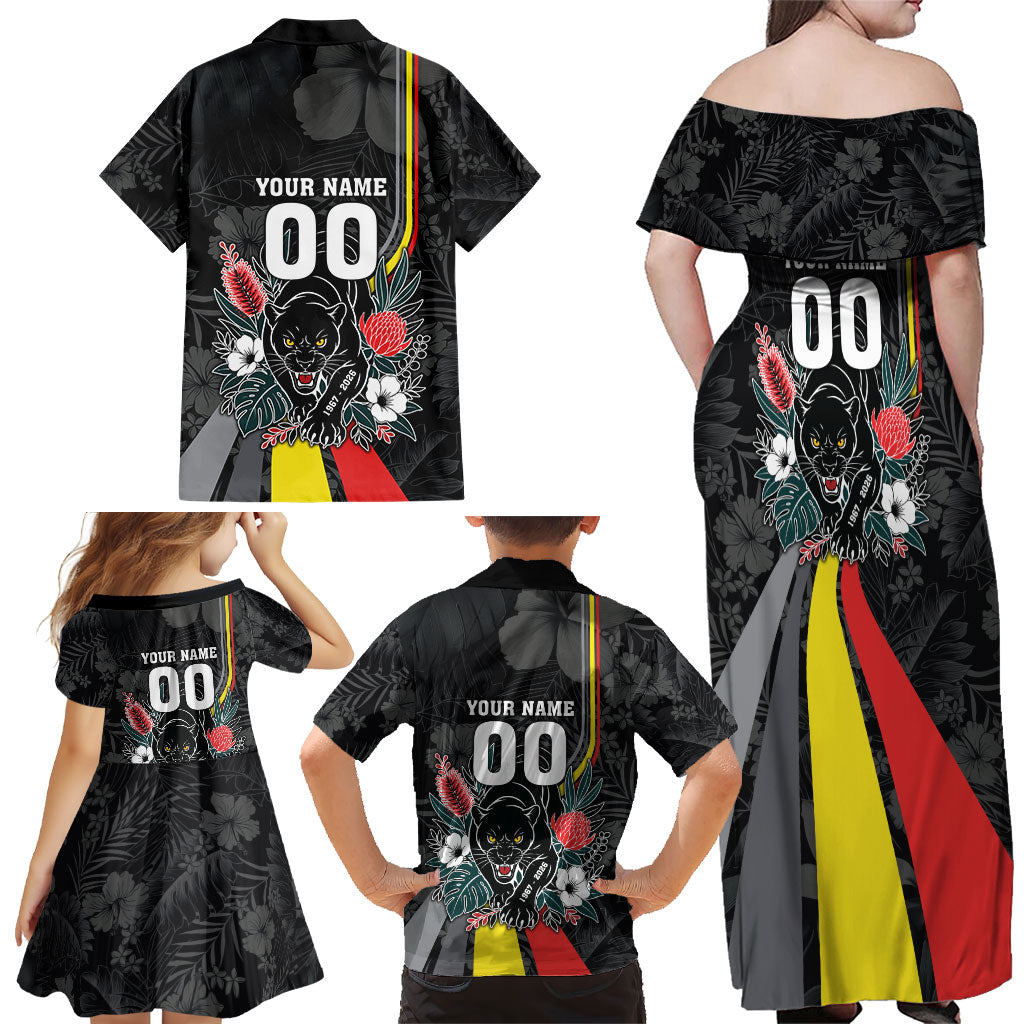 Penrith Panthers 60th Anniversary Custom Family Matching Off Shoulder Maxi Dress and Hawaiian Shirt Native Australian Protea And Hibiscus Tropical Floral