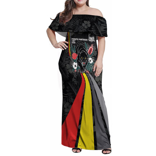 Penrith Panthers 60th Anniversary Custom Family Matching Off Shoulder Maxi Dress and Hawaiian Shirt Native Australian Protea And Hibiscus Tropical Floral