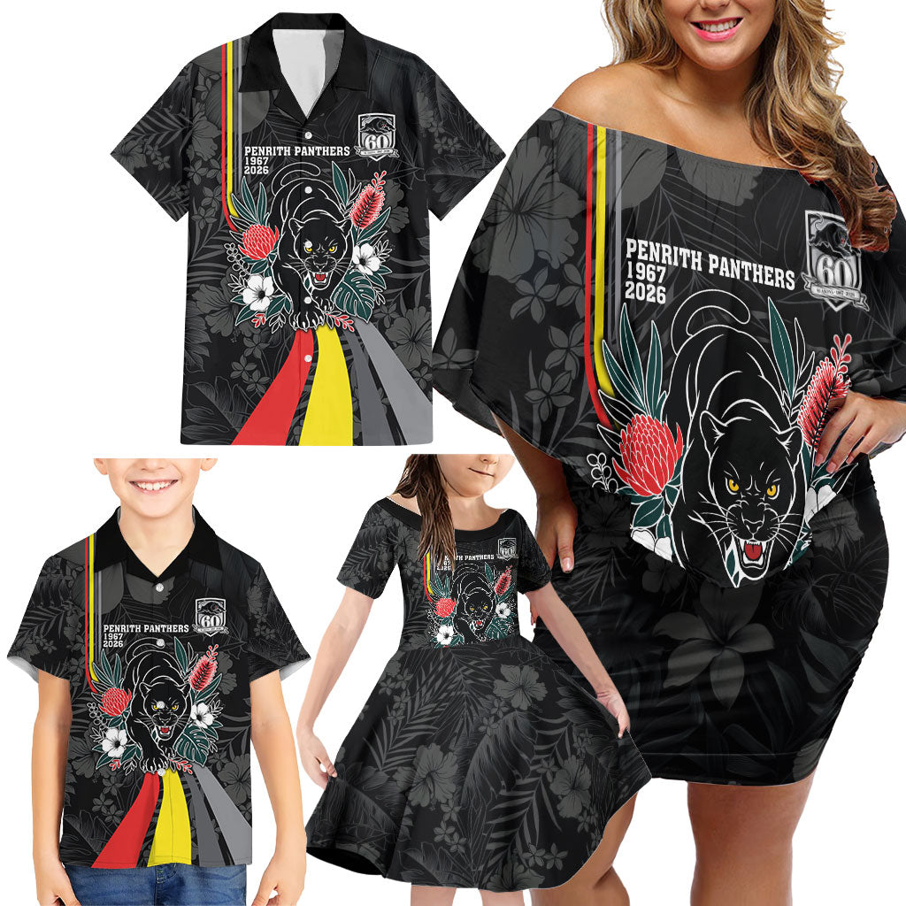Penrith Panthers 60th Anniversary Custom Family Matching Off Shoulder Short Dress and Hawaiian Shirt Native Australian Protea And Hibiscus Tropical Floral