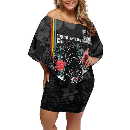 Penrith Panthers 60th Anniversary Custom Family Matching Off Shoulder Short Dress and Hawaiian Shirt Native Australian Protea And Hibiscus Tropical Floral