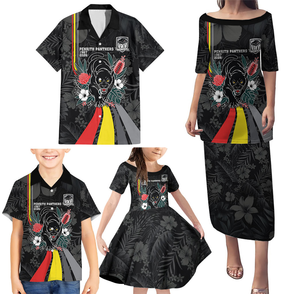 Penrith Panthers 60th Anniversary Custom Family Matching Puletasi and Hawaiian Shirt Native Australian Protea And Hibiscus Tropical Floral