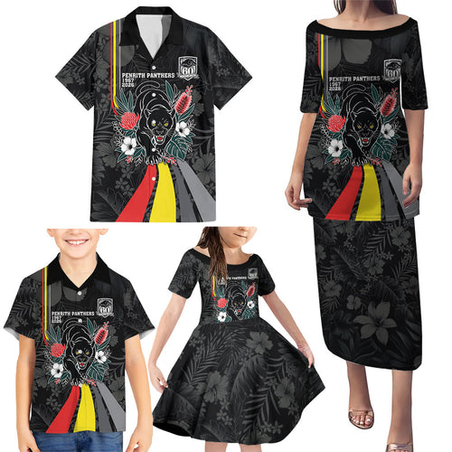 Penrith Panthers 60th Anniversary Custom Family Matching Puletasi and Hawaiian Shirt Native Australian Protea And Hibiscus Tropical Floral
