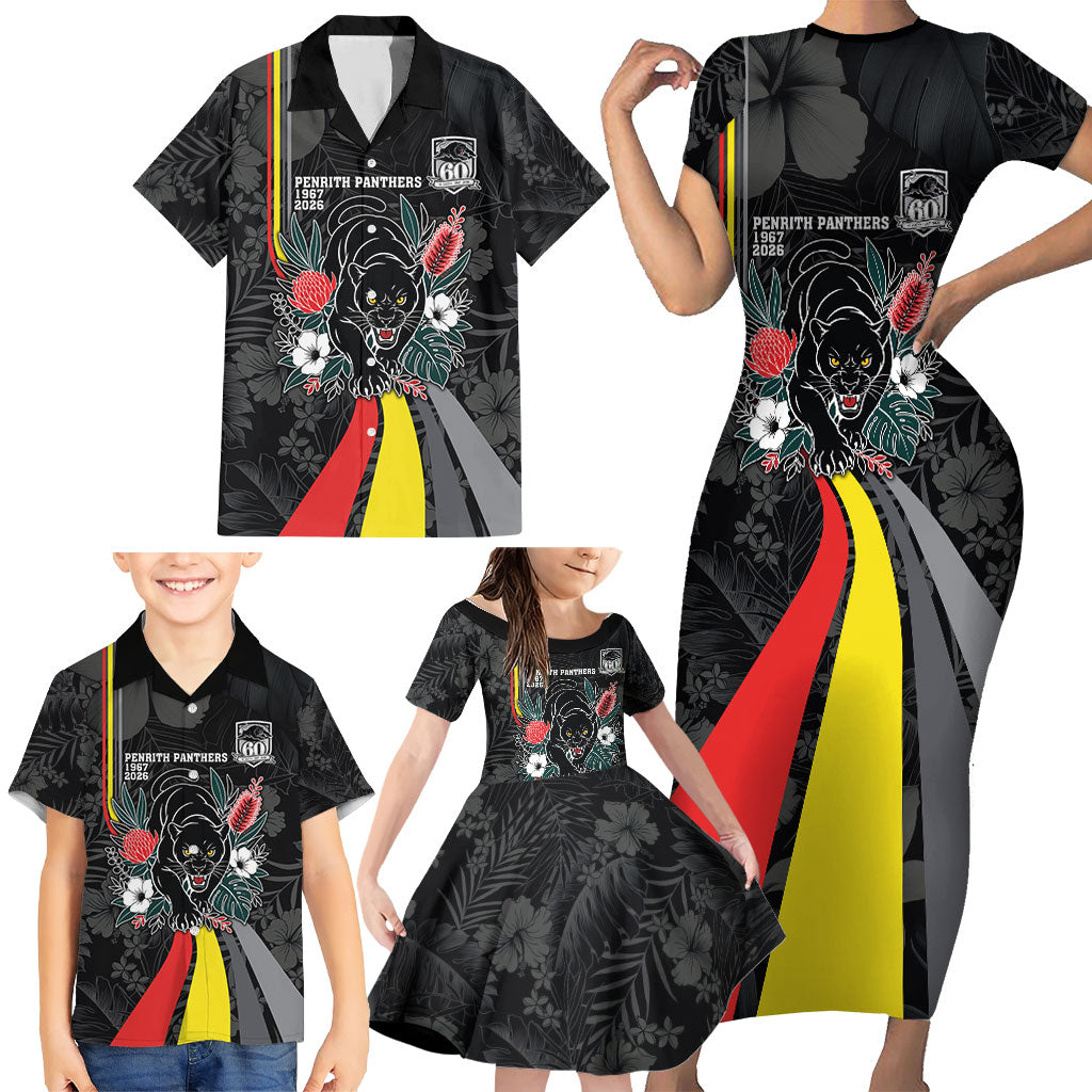 Penrith Panthers 60th Anniversary Custom Family Matching Short Sleeve Bodycon Dress and Hawaiian Shirt Native Australian Protea And Hibiscus Tropical Floral