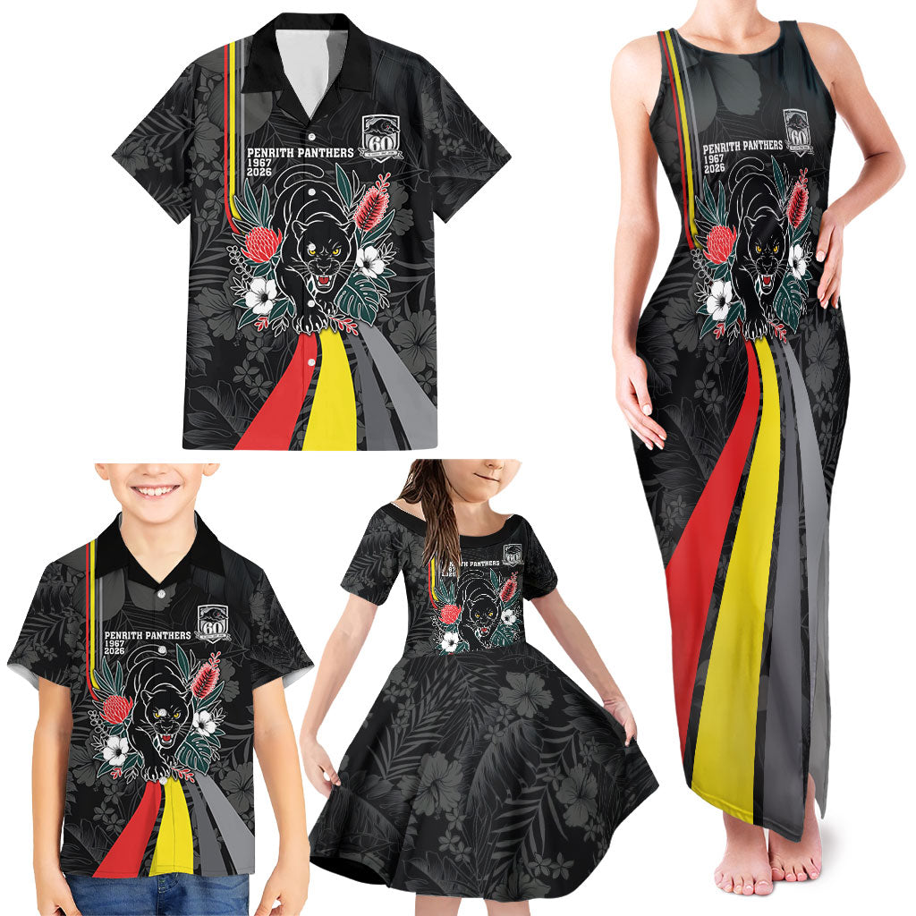 Penrith Panthers 60th Anniversary Custom Family Matching Tank Maxi Dress and Hawaiian Shirt Native Australian Protea And Hibiscus Tropical Floral