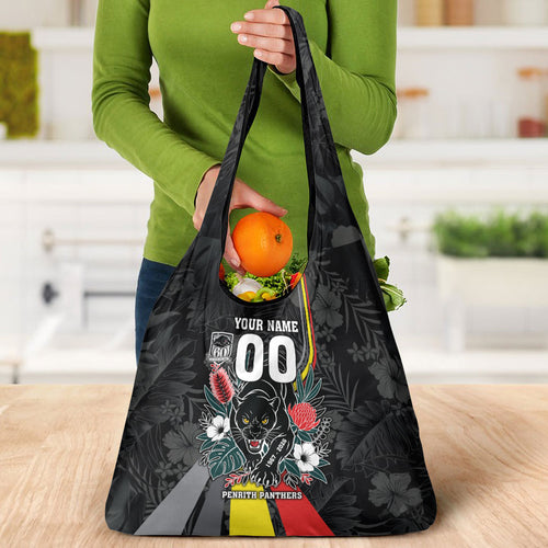 Penrith Panthers 60th Anniversary Custom Grocery Bag Native Australian Protea And Hibiscus Tropical Floral