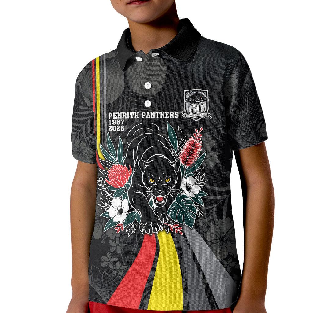 Penrith Panthers 60th Anniversary Custom Kid Polo Shirt Native Australian Protea And Hibiscus Tropical Floral