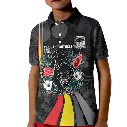 Penrith Panthers 60th Anniversary Custom Kid Polo Shirt Native Australian Protea And Hibiscus Tropical Floral