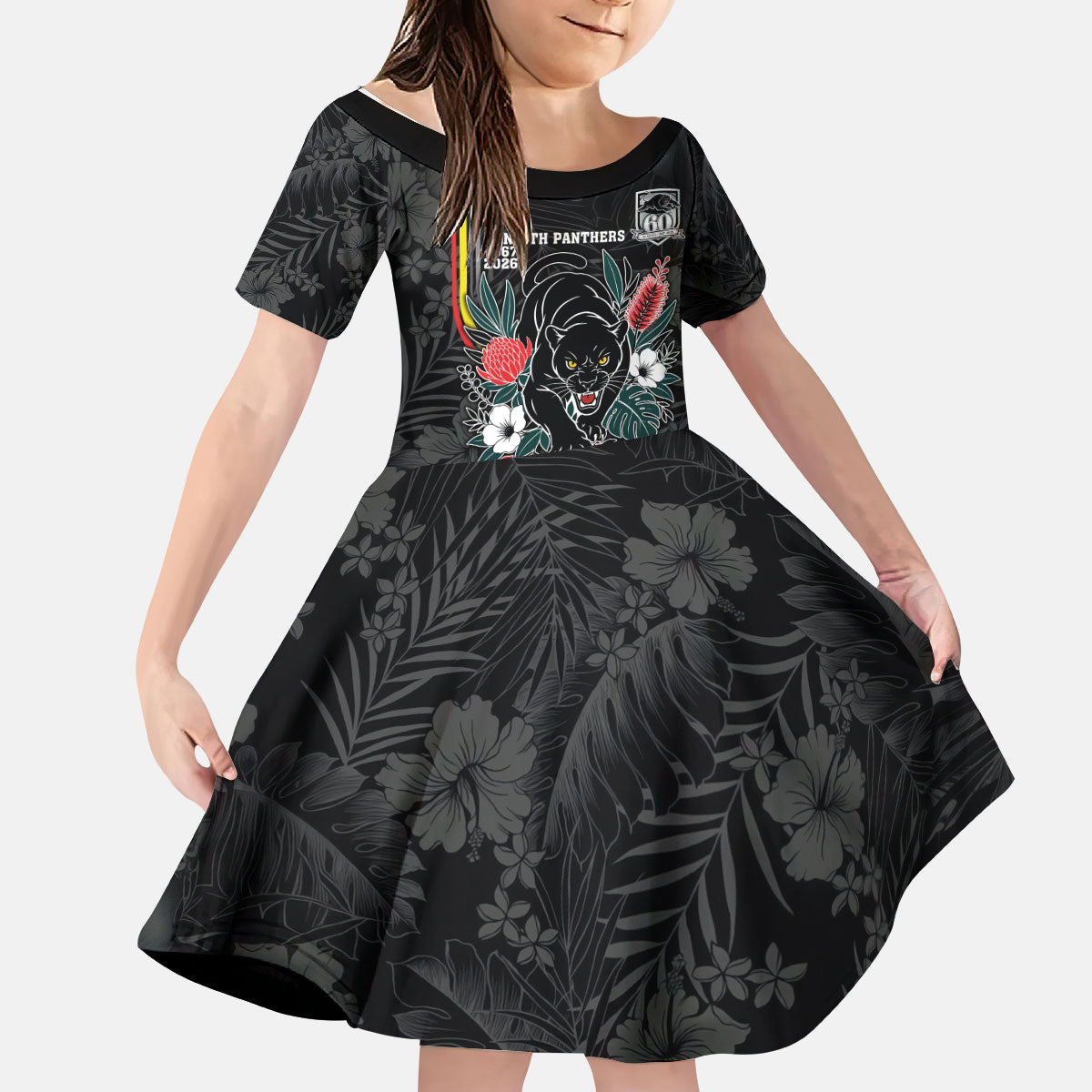 Penrith Panthers 60th Anniversary Custom Kid Short Sleeve Dress Native Australian Protea And Hibiscus Tropical Floral